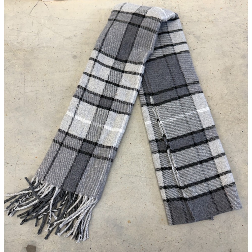 Mens Scarf Charcoal Gray Plaid 100% Cashmere Fringes Classic Scottish Winterwear